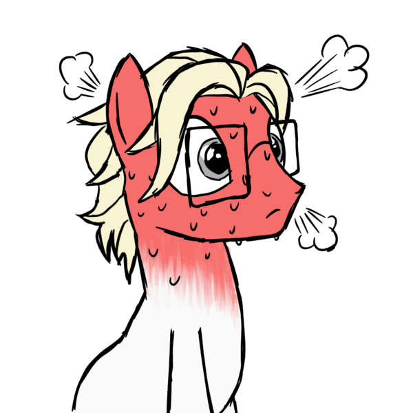 Size: 1000x1000 | Tagged: safe, artist:pablote, derpibooru import, oc, oc:parchment bleach, unofficial characters only, earth pony, pony, blushing, blushing profusely, glasses, male, solo, stallion, steam, sweat