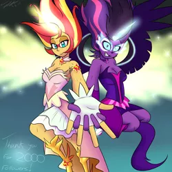 Size: 2000x2000 | Tagged: safe, artist:jase1505, deleted from derpibooru, derpibooru import, sci-twi, sunset shimmer, twilight sparkle, series:sunlight horizons, equestria girls, friendship games, breasts, busty sunset shimmer, busty twilight sparkle, cleavage, clothes, daydream shimmer, dress, female, holding hands, lesbian, looking at you, midnight sparkle, midnightdaydream, milestone, scitwishimmer, shipping, smiling, sunsetsparkle