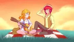 Size: 1280x720 | Tagged: safe, artist:jonfawkes, derpibooru import, bright mac, pear butter, human, the perfect pear, acoustic guitar, brightbutter, clothes, couple, cowboy hat, female, guitar, hat, humanized, male, scene interpretation, shipping, smiling, stetson, straight