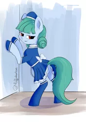 Size: 4961x7016 | Tagged: suggestive, artist:muffinkarton, derpibooru import, oc, oc:persephone, ponified, unofficial characters only, earth pony, pony, absurd resolution, against wall, castlevania, clothes, female, hat, looking back, maid, ponyvania, shoes, solo, stockings, thigh highs