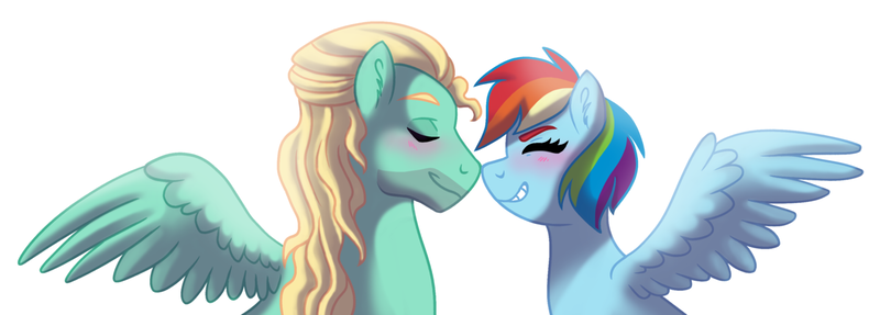 Size: 1280x459 | Tagged: safe, artist:cascayd, derpibooru import, rainbow dash, zephyr breeze, pony, alternate hairstyle, blushing, cute, dashabetes, female, male, nose to nose, nuzzling, profile, shipping, simple background, smiling, smirk, spread wings, straight, white background, wings, zephdash, zephyrbetes