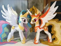 Size: 2048x1536 | Tagged: safe, artist:equestriaplush, derpibooru import, daybreaker, princess celestia, alicorn, pony, a royal problem, confrontation, duality, duo, female, irl, mare, photo, plushie