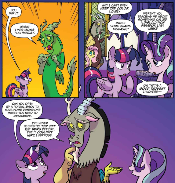 Size: 1088x1139 | Tagged: safe, artist:tonyfleecs, derpibooru import, idw, discord, fluttershy, starlight glimmer, twilight sparkle, twilight sparkle (alicorn), alicorn, draconequus, pony, unicorn, spoiler:comic, spoiler:comic57, comic, cropped, female, green, male, mare, official comic, speech bubble