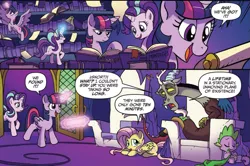 Size: 1145x759 | Tagged: safe, artist:tonyfleecs, derpibooru import, idw, discord, fluttershy, spike, starlight glimmer, twilight sparkle, twilight sparkle (alicorn), alicorn, draconequus, dragon, pegasus, pony, unicorn, spoiler:comic, spoiler:comic57, book, comic, cropped, female, friendship throne, library, magic, magic aura, male, mare, montage, official comic, speech bubble, telekinesis, twilight's castle, twilight's castle library