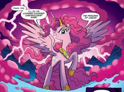 Size: 1230x911 | Tagged: dead source, safe, artist:tonyfleecs, derpibooru import, idw, pinkie pie, alicorn, pony, spoiler:comic, spoiler:comic57, alicornified, altered cutie mark, amy mebberson, comic panel, equestria is doomed, evil grin, god has come to reap the sinners, hoof shoes, official comic, oh no, peytral, pinkiecorn, princess of chaos, princess pinkie pie, race swap, raised hoof, run for your lives, smiling, smirk, solo, spread wings, the end is neigh, this will end in chaos, this will end in tears, we are all gonna die!, well we're boned, when you see it, wings, xk-class end-of-the-universe scenario, xk-class end-of-the-world scenario, yes