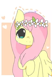 Size: 904x1336 | Tagged: safe, artist:chametzkiwi, derpibooru import, fluttershy, pony, bust, crying, floral head wreath, flower, hair over one eye, looking at you, portrait, solo, teary eyes, wings