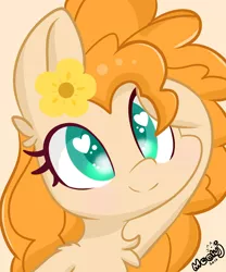 Size: 5000x6000 | Tagged: safe, artist:meowmavi, derpibooru import, pear butter, earth pony, pony, the perfect pear, absurd resolution, cute, female, flower, flower in hair, heart eyes, mare, pearabetes, simple background, smiling, solo, style emulation, wingding eyes