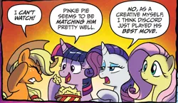 Size: 1032x600 | Tagged: safe, artist:tonyfleecs, derpibooru import, idw, applejack, fluttershy, rarity, twilight sparkle, twilight sparkle (alicorn), alicorn, pony, spoiler:comic, spoiler:comic57, cropped, female, food, mare, orange background, popcorn, quartet, simple background, speech bubble