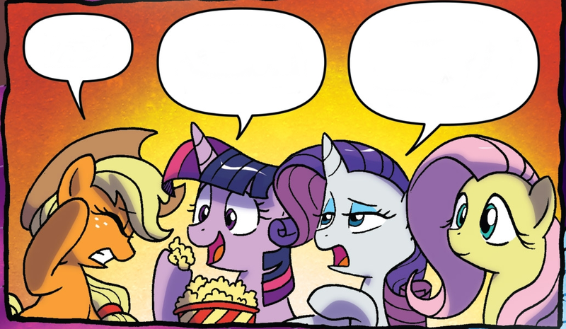 Size: 1032x600 | Tagged: alicorn, applejack, artist:tonyfleecs, derpibooru import, edit, fluttershy, food, idw, popcorn, rarity, safe, spoiler:comic, spoiler:comic57, template, twilight sparkle, twilight sparkle (alicorn)