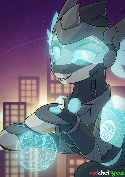 Size: 1500x2117 | Tagged: safe, artist:redchetgreen, derpibooru import, oc, oc:kiva, unofficial characters only, pony, robot, robot pony, armor, building, city, female, hologram, looking at you, mare, night, smiling, solo, stars, tech armor, visor, ych result