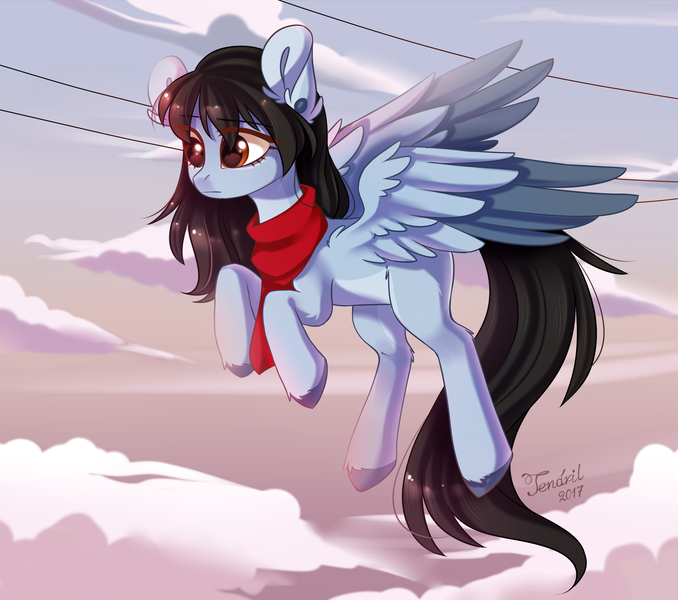 Size: 2600x2300 | Tagged: safe, artist:ten-dril, derpibooru import, oc, unofficial characters only, pegasus, pony, clothes, colored wings, female, flying, high res, mare, multicolored wings, power line, scarf, solo, unshorn fetlocks, ych result