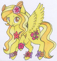 Size: 1832x1956 | Tagged: safe, artist:emypony, derpibooru import, oc, oc:denise dayspring, unofficial characters only, pegasus, pony, flower, flower in hair, long mane, long tail, solo, traditional art, yellow