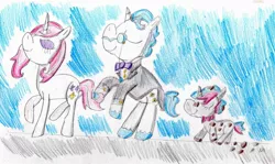 Size: 1390x826 | Tagged: safe, artist:ptitemouette, derpibooru import, fancypants, fleur-de-lis, oc, oc:bow tie, pony, dirty, family, fancyfleur, female, filly, male, mud, offspring, parent:fancypants, parent:fleur-de-lis, parents:fancyfleur, shipping, straight, this will end in tears, traditional art
