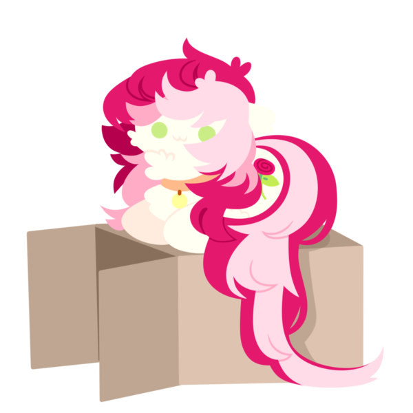 Size: 1100x1100 | Tagged: safe, artist:kotoink, derpibooru import, roseluck, earth pony, pony, :3, behaving like a cat, box, cardboard box, cheek fluff, chest fluff, chibi, collar, cute, digital art, female, fluffy, mare, pet tag, pony pet, prone, rosepet, simple background, smiling, solo, transparent background