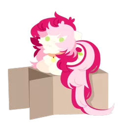 Size: 1100x1100 | Tagged: safe, artist:kotoink, derpibooru import, roseluck, earth pony, pony, :3, behaving like a cat, box, cardboard box, cheek fluff, chest fluff, chibi, collar, cute, digital art, female, fluffy, mare, pet tag, pony pet, prone, rosepet, simple background, smiling, solo, transparent background