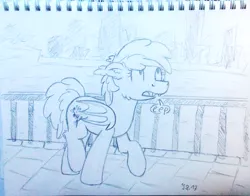 Size: 1015x794 | Tagged: safe, artist:moemneop, derpibooru import, oc, oc:lukida, unofficial characters only, bat pony, pony, eep, female, manehattan, mare, monochrome, sketch, solo, traditional art
