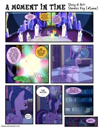 Size: 1275x1650 | Tagged: safe, artist:dsana, derpibooru import, spike, starlight glimmer, sunburst, twilight sparkle, twilight sparkle (alicorn), alicorn, dragon, pony, comic:a moment in time, comic, female, filly, filly twilight sparkle, magic, map room, mare in the moon, moon, scroll, sleeping, throne room, time travel, twilight's canterlot home, younger