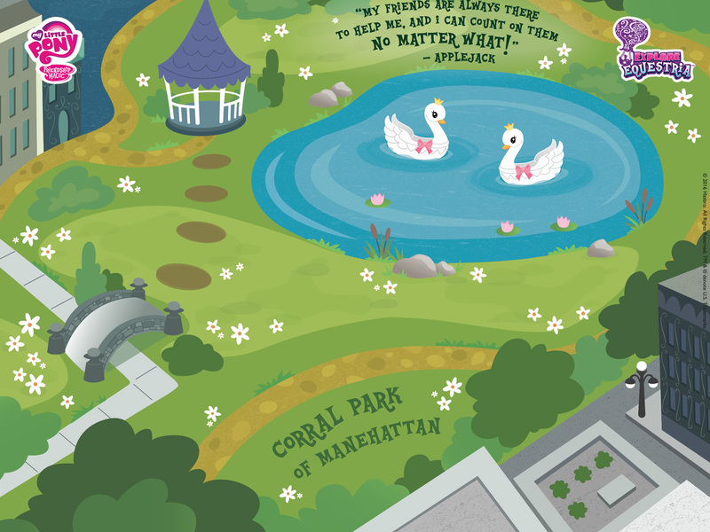 Size: 1600x1200 | Tagged: boat, bridge, corral park, derpibooru import, explore equestria, gazebo, implied applejack, lake, manehattan, my little pony logo, official, safe, swan, swan boat, wallpaper