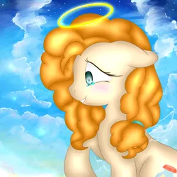 Size: 3000x3000 | Tagged: safe, artist:saralien, derpibooru import, pear butter, earth pony, pony, the perfect pear, angel, blushing, cloud, female, halo, heaven, sad, sky, solo