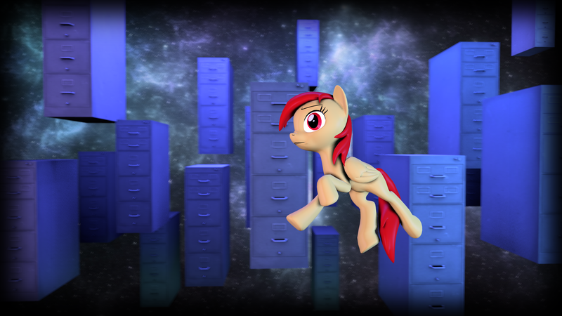 Size: 3840x2160 | Tagged: safe, artist:jeff556, derpibooru import, oc, oc:epiclper, unofficial characters only, pegasus, pony, 3d, concerned, confused, female, filing cabinet, floating, mare, solo, source filmmaker, space, vignette