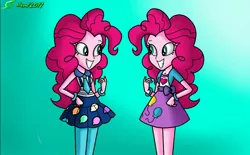 Size: 1505x935 | Tagged: safe, artist:9987neondraws, derpibooru import, pinkie pie, equestria girls, clothes, cute, dress, leggings, necktie, self paradox, skirt