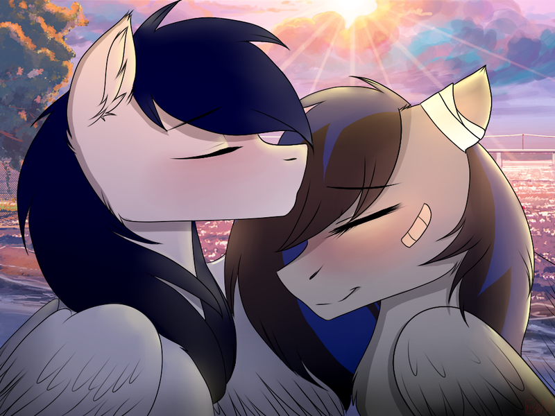 Size: 1024x768 | Tagged: safe, artist:chickenbrony, derpibooru import, oc, unofficial characters only, pegasus, pony, bandage, blushing, colt, eyes closed, female, fluffy, forehead kiss, love, male, mare, patch, shipping, smiling, sunset