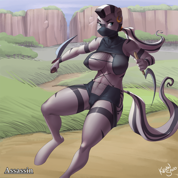 Size: 900x900 | Tagged: questionable, alternate version, artist:kevinsano, derpibooru import, zecora, anthro, unguligrade anthro, zebra, abs, absolute cleavage, armpits, belly button, breasts, busty zecora, cleavage, female, legs, mare, ninja, nipples, nudity, sexy, sickle, solo, solo female, thighs, weapon