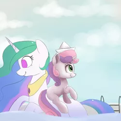 Size: 1000x1000 | Tagged: safe, artist:vanillaghosties, derpibooru import, princess celestia, sweetie belle, inflatable pony, pony, unicorn, cute, diasweetes, female, filly, floating, hat, inflatable, paper hat, pool toy, riding, smiling, solo, swimming pool, water