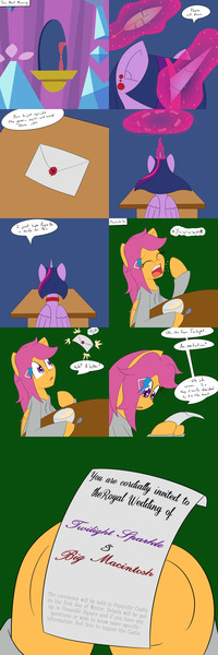 Size: 1600x4800 | Tagged: safe, artist:jake heritagu, derpibooru import, big macintosh, scootaloo, twilight sparkle, twilight sparkle (alicorn), alicorn, pony, comic:ask motherly scootaloo, bowl, cereal, comic, ear piercing, earring, female, food, hairpin, jewelry, letter, male, motherly scootaloo, piercing, quill, shipping, spoon, straight, sweatshirt, twilight's castle, twimac, wedding invitation, yawn