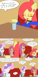 Size: 1600x3200 | Tagged: safe, artist:jake heritagu, derpibooru import, apple bloom, scootaloo, sweetie belle, pony, comic:ask motherly scootaloo, cast, clothes, comic, cutie mark crusaders, glass, hairpin, motherly scootaloo, straw, sweater, sweatshirt, table