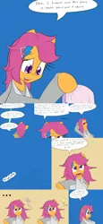 Size: 2400x5200 | Tagged: safe, artist:jake heritagu, derpibooru import, scootaloo, pony, comic:ask motherly scootaloo, cast, clothes, comic, dress, gears, hairpin, lightbulb, motherly scootaloo, solo, sweatshirt