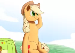 Size: 2400x1680 | Tagged: safe, artist:j24262756, derpibooru import, applejack, earth pony, pony, cloud, cowboy hat, female, grass, hat, mare, smiling, solo, stetson