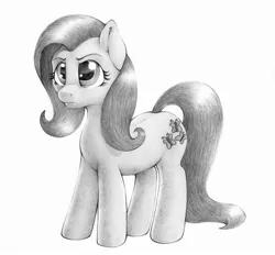 Size: 2400x2228 | Tagged: safe, artist:stallionslaughter, derpibooru import, fluttershy, earth pony, pony, angry, female, grayscale, mare, monochrome, pencil drawing, simple background, solo, traditional art, white background, wingless