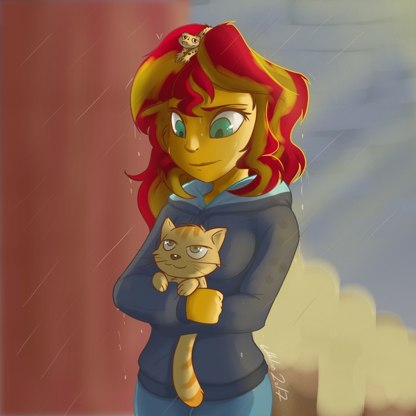 Size: 1172x1172 | Tagged: safe, artist:gabbslines, derpibooru import, ray, sunset shimmer, cat, gecko, leopard gecko, eqg summertime shorts, equestria girls, monday blues, pet project, clothes, female, hoodie, pants, rain, sweater