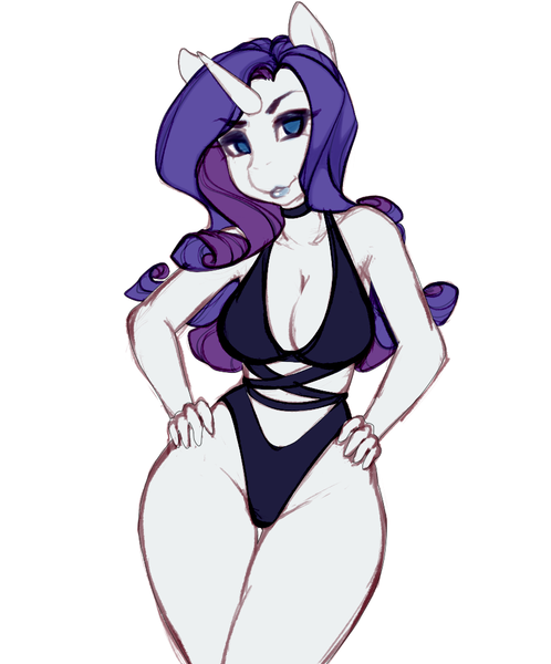 Size: 850x1024 | Tagged: suggestive, artist:tolsticot, derpibooru import, rarity, anthro, unicorn, big breasts, breasts, busty rarity, choker, cleavage, clothes, curvy, female, hand on hip, lidded eyes, lipstick, looking at you, mare, sexy, simple background, smiling, solo, stupid sexy rarity, swimsuit, white background