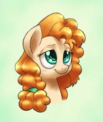 Size: 1189x1406 | Tagged: safe, artist:chromaskunk, artist:trickydick, derpibooru import, pear butter, pony, the perfect pear, bust, collaboration, portrait, simple background, solo