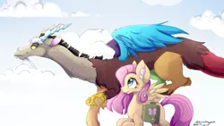 Size: 1024x576 | Tagged: safe, artist:artistofthegeeks, derpibooru import, discord, fluttershy, ear fluff, flying, looking at each other, spread wings, wings