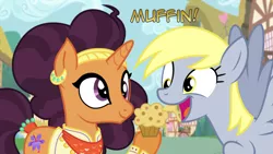 Size: 1366x768 | Tagged: safe, derpibooru import, derpy hooves, saffron masala, pony, derp, dialogue, food, manip, muffin, ponyville