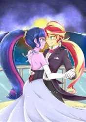 Size: 1235x1754 | Tagged: safe, artist:aka-ryuga, derpibooru import, sci-twi, sunset shimmer, twilight sparkle, equestria girls, alternate hairstyle, blushing, bowtie, clothes, dancing, dress, duo, evening gloves, female, gloves, lesbian, long gloves, looking at each other, one eye closed, pixiv, ponytail, scitwishimmer, shipping, smiling, suit, sunsetsparkle