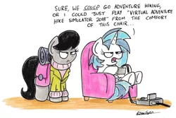 Size: 2244x1496 | Tagged: safe, artist:bobthedalek, derpibooru import, octavia melody, vinyl scratch, pony, chair, clothes, jacket, saddle bag, sweater, traditional art, unamused, video game