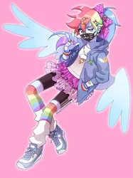 Size: 800x1067 | Tagged: safe, artist:kairean, derpibooru import, rainbow dash, equestria girls, alternate costumes, alternate hairstyle, bike shorts, bow, bracelet, clothes, compression shorts, female, hair bow, hair ribbon, harajuku, hoodie, jewelry, looking at you, loose socks, pixiv, rainbow socks, ring, shoes, simple background, skirt, sneakers, socks, solo, striped socks, surgical mask, wings