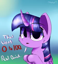 Size: 2000x2200 | Tagged: safe, derpibooru import, twilight sparkle, twilight sparkle (alicorn), alicorn, pony, blurred background, cropped, curved horn, dialogue, female, fluffy, mare, sitting, solo, that escalated quickly