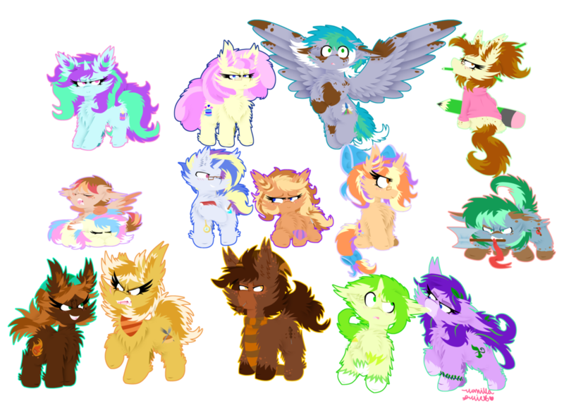 Size: 1024x745 | Tagged: safe, artist:vanillaswirl6, derpibooru import, oc, oc:cerulean bird, oc:cobalt blast, unofficial characters only, earth pony, pegasus, pony, unicorn, axe, bandana, book, bow, bracelet, chest fluff, clothes, ear fluff, ear pull, eyes closed, female, fluffy, freckles, glasses, hat, hoodie, jewelry, lots of characters, male, mare, meatball, mouth hold, no pupils, one eye closed, open mouth, pencil, pocket watch, prone, ribbon, scarf, sharp teeth, shoulder fluff, sleeping, spread wings, stallion, tail wrap, teeth, wall of tags, weapon, wings, wink, yawn