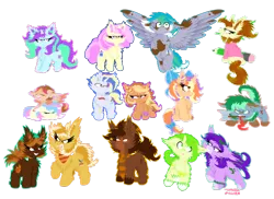 Size: 1024x745 | Tagged: safe, artist:vanillaswirl6, derpibooru import, oc, oc:cerulean bird, oc:cobalt blast, unofficial characters only, earth pony, pegasus, pony, unicorn, axe, bandana, book, bow, bracelet, chest fluff, clothes, ear fluff, ear pull, eyes closed, female, fluffy, freckles, glasses, hat, hoodie, jewelry, lots of characters, male, mare, meatball, mouth hold, no pupils, one eye closed, open mouth, pencil, pocket watch, prone, ribbon, scarf, sharp teeth, shoulder fluff, sleeping, spread wings, stallion, tail wrap, teeth, wall of tags, weapon, wings, wink, yawn