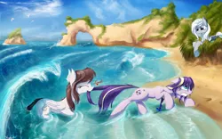 Size: 2560x1600 | Tagged: safe, artist:aurelleah, derpibooru import, oc, oc:aurelia freefeather, oc:aurelleah, oc:aurry, oc:azure serenity, oc:rozelle, unofficial characters only, pony, beach, behaving like a cat, biting, color porn, commission, cute, detailed, frown, happy, nom, painting, playing, prone, sand, scared, scenery, smiling, tail pull, water