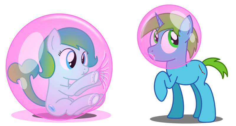 Size: 3000x1600 | Tagged: safe, artist:bladedragoon7575, derpibooru import, oc, oc:balance blade, oc:delphina depths, unofficial characters only, pony, bubble, bubblegum, encasement, food, gum, in bubble