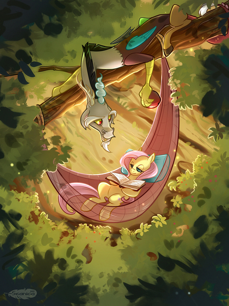 Size: 900x1200 | Tagged: safe, artist:seanica, derpibooru import, discord, fluttershy, draconequus, pegasus, pony, apple, book, color porn, discoshy, female, food, hammock, high angle, male, mare, reading, shipping, spying, straight, tree branch