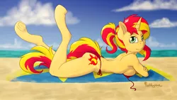 Size: 3500x1969 | Tagged: suggestive, artist:punk-pegasus, derpibooru import, sunset shimmer, anthro, unguligrade anthro, unicorn, beach, bikini, breasts, clothes, female, ponytail, prone, side-tie bikini, sideboob, solo, solo female, sunbathing, swimsuit, underhoof, untied bikini