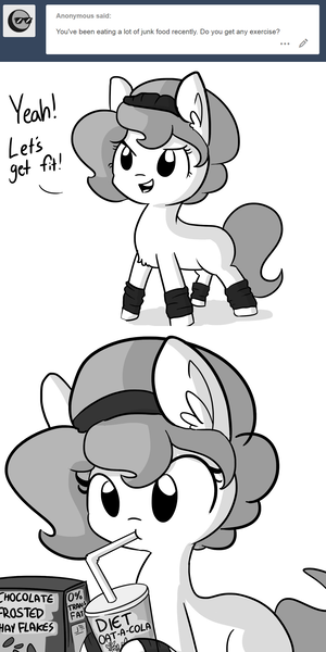 Size: 1650x3300 | Tagged: safe, artist:tjpones, derpibooru import, oc, oc:brownie bun, unofficial characters only, earth pony, pony, horse wife, ask, cereal, chest fluff, comic, dialogue, diet, drink, drinking, drinking straw, ear fluff, female, food, grayscale, monochrome, oatacola, simple background, solo, sweatband, tumblr, white background