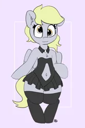 Size: 4962x7462 | Tagged: safe, artist:pabbley, derpibooru import, derpy hooves, pegasus, pony, absurd resolution, adorasexy, belly button, bipedal, black dress, chest fluff, clothes, cute, dress, female, mare, navel cutout, sexy, socks, solo, stockings, thigh highs